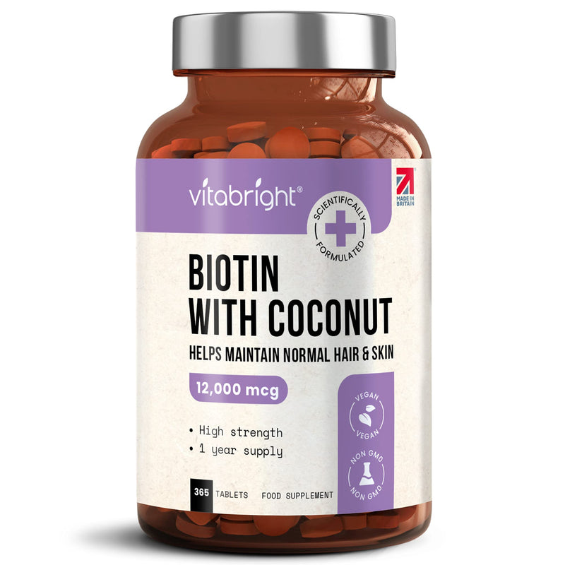[Australia] - Biotin for Hair Growth, Skin and Nails - 12,000mcg High Strength - 365 Tablets (1 Year Supply) - Enriched with Coconut Oil Powder - Natural D-Biotin (Biologically Active) - Made in UK by VitaBright 