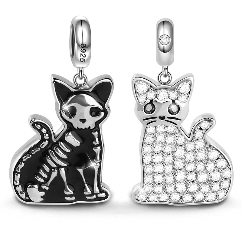 [Australia] - GNOCE Double Sided Cat Bracelet Charms Pendant Sterling Silver"Schrodinger's Cat" Skeleton Bones Bead Charms with Cubic Zirconia fit Bracelet/Necklace Jewelry Gift for Women Mens 