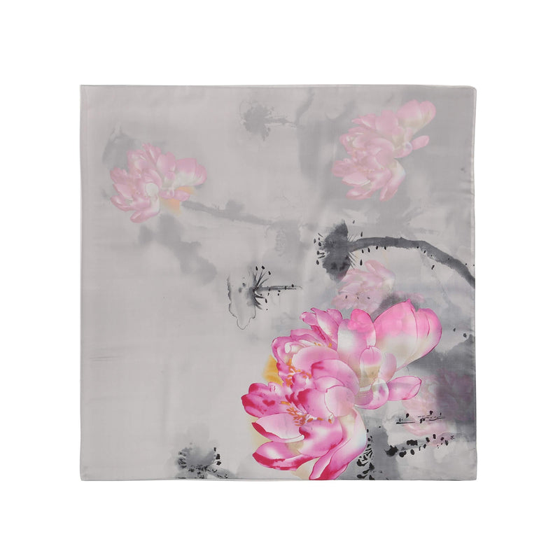 [Australia] - LanSilk Women Silk Scarf Fashion - Elegant Lightweight Silk Cashmere Lady Head Scarf Neck Scarf Hair Scarf Long Large Scarves for Ladies (170x86cm) Lotus Silver White Flower 