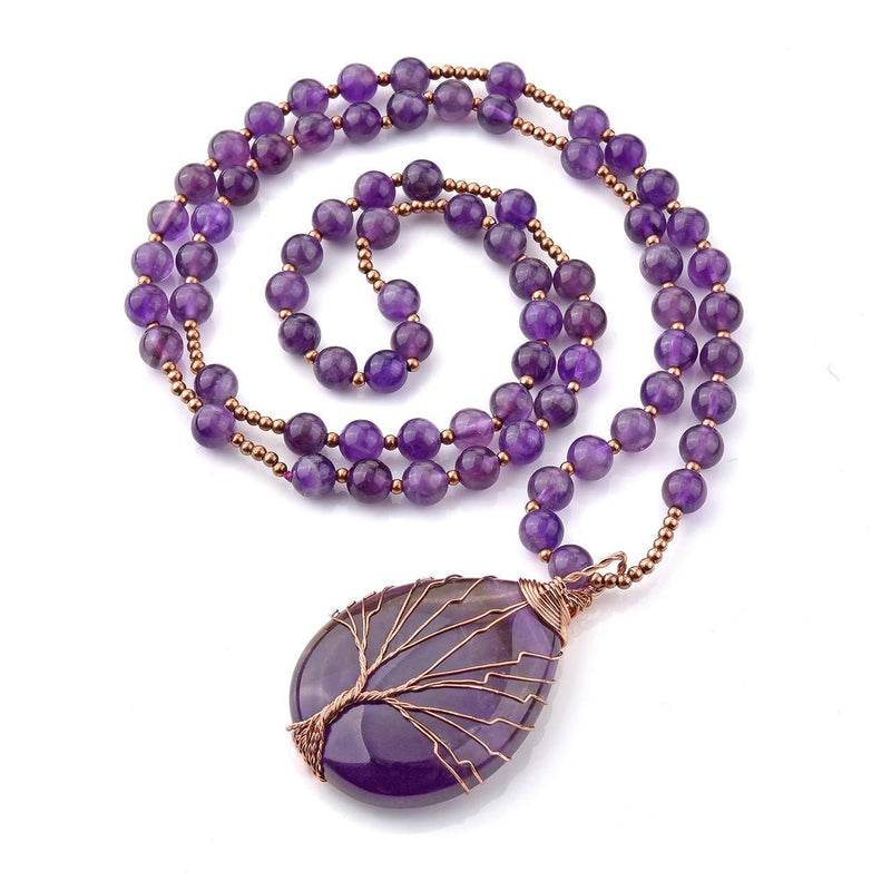 [Australia] - JOVIVI Raw Amethyst Crystal Tree of Life Necklace Women Prayer Mala Meditation Beads Natural Purple Gemstone Healing Chakra Long Necklace Men Jewellery 