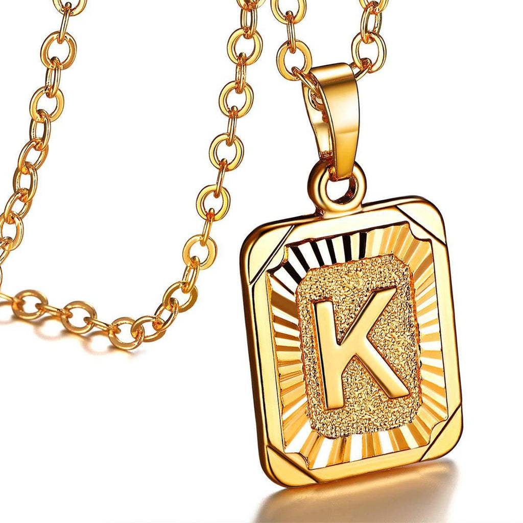 [Australia] - FOCALOOK Letter Necklace 18K Gold/Platinum Plated Alphabet Initial Charm Pendant Necklace for Women Men Personalised Gifts 18'' K Square Pendant-Gold 
