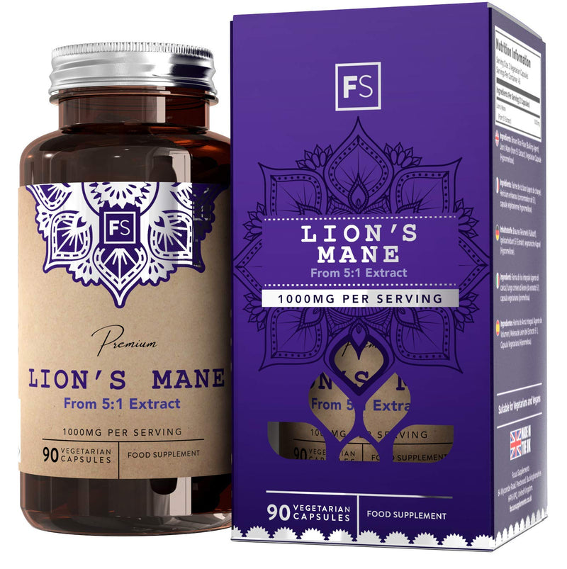 [Australia] - FS Lions Mane Mushroom Complex Supplement | 1000mg Lion's Mane Per Serving | 90 Vegan Capsules | High in (β) Beta Glucan Polysaccharides | Non GMO | Gluten, Dairy & Allergen Free | Made in The UK 90 Count (Pack of 1) 