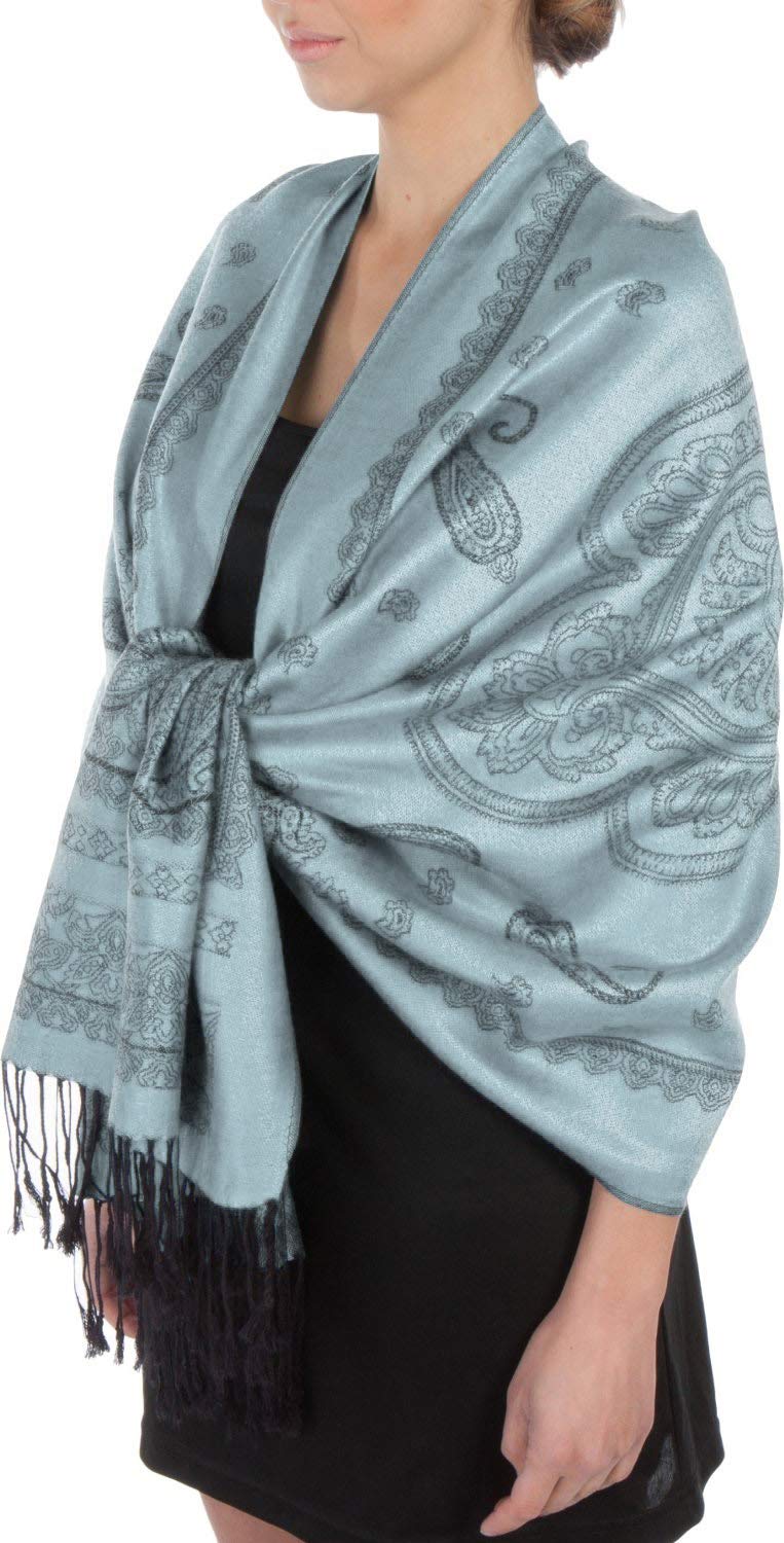 [Australia] - Sakkas Lightweight Two Tone Rose Floral Design Pashmina Feel Fringe Scarf/Stole/Wrap (Blue/Black) 