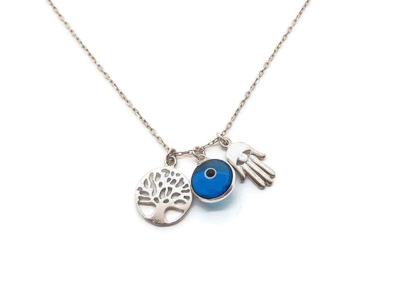 [Australia] - MYSTIC JEWELS By Dalia– 925 Sterling Silver Necklace – Three Symbols, Hand of Fatima & Tree of Life & Good Luck Eye 