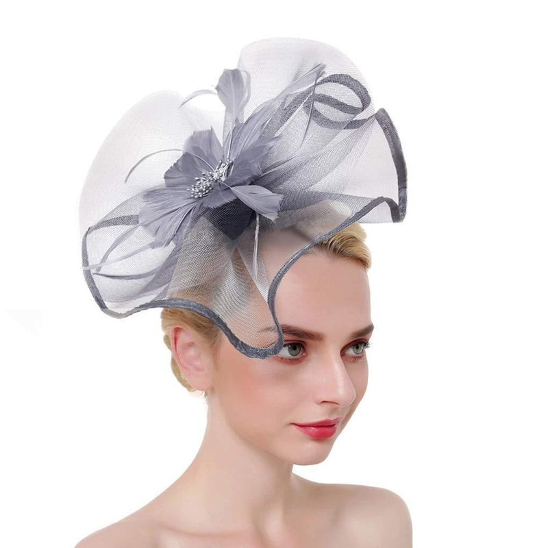 [Australia] - Women Mesh Flower Fascinator Hat Net Veil Wedding Party Feather Hat Retro Kentucky Derby Hat Headband Cocktail Tea Bridal Shower Hair Clips Sinamay Pillbox Hat Royal Ascot Church Head Piece Headwear Grey 