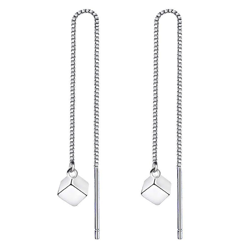 [Australia] - Yaneno Mini 925 Sterling Silver Needle Threader Pull Through Square Drop Dangle Earrings for Women White 