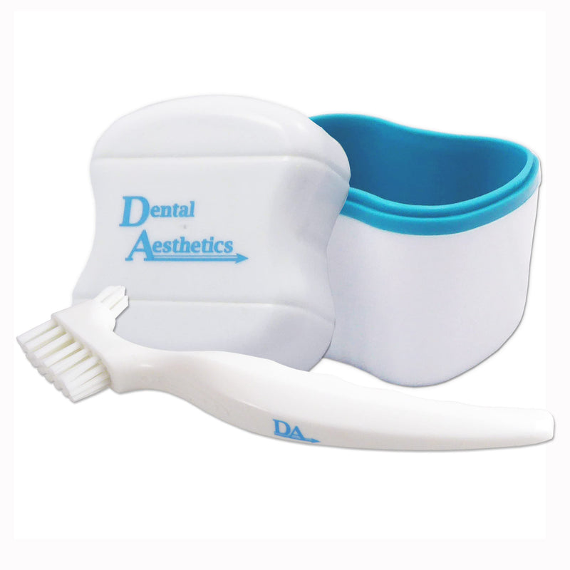 [Australia] - Denture Bath & Brush ~ Storage Container for Soaking Dentures, Brush with Double Bristle Head (Blue Bath) Blue Bath 
