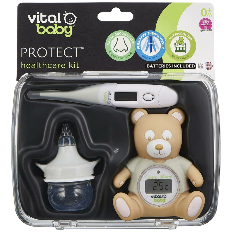 [Australia] - Vital Baby PROTECT Healthcare Kit for Baby - 3pcs Room and Bath Thermometer, Nasal Aspirator, Body Thermometer – Essential Newborn Baby Health and Safety 
