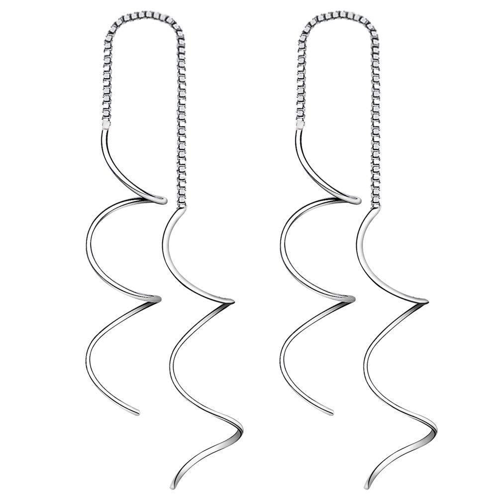 [Australia] - Yaneno 925 Sterling Silver Fresh Style Threader Pull Through Dangle Earrings Curve Twist for Women White 