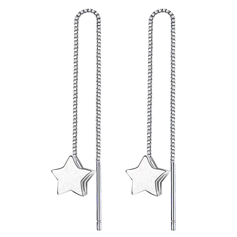 [Australia] - Yaneno Women Sweet Mini 925 Sterling Silver Star Dangle Needle Drop Threader Pull Through Earrings White 