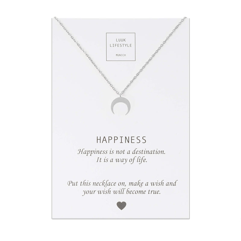 [Australia] - Stainless steel necklace with different pendants and card with Happiness saying, lucky charm, friendship gift, women's jewellery, silver, gold, rosé Moon 