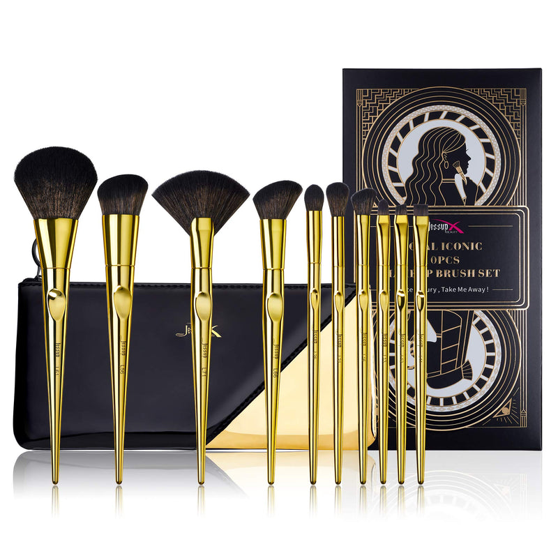 [Australia] - Jessup Gold Makeup Brushes Set 10pcs with Cosmetic Bag, Premium Synthetic Powder Contour Foundation Blusher Blending Eyeshadow Eyebrow Liner Brushes, T317 