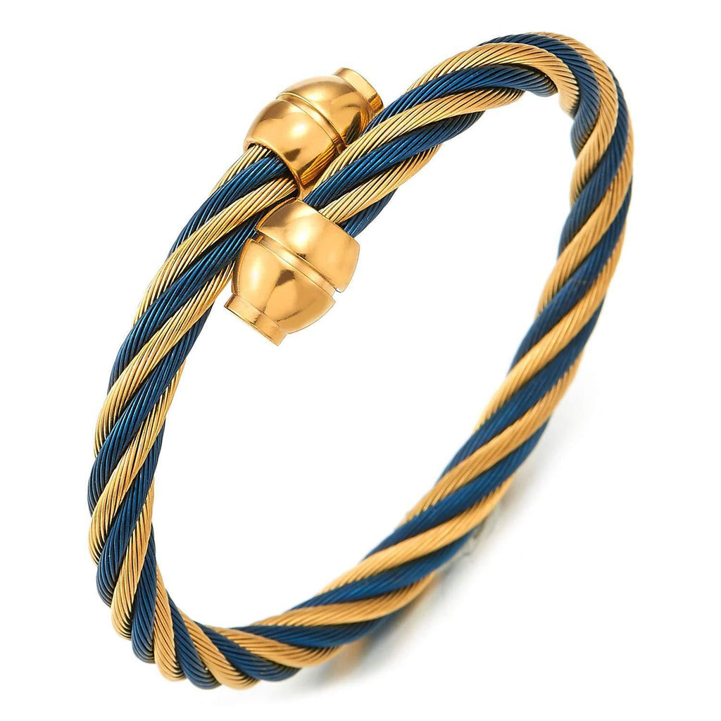 [Australia] - COOLSTEELANDBEYOND Men Womens Steel Gold Blue Twisted Cable Open Cuff Bangle Bracelet with Gold Color Charm Adjustable 