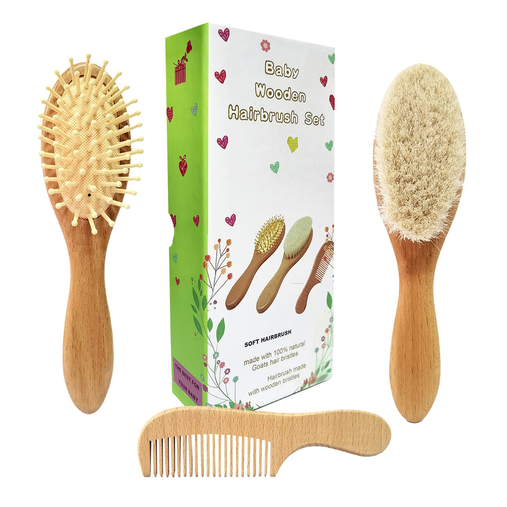 [Australia] - Molylove 3 Piece Baby Hair Brush and Comb Set for Newborn - Natural Wooden Hairbrush with Soft Goat Bristles for Cradle Cap - Perfect Scalp Grooming Product for Infant, Toddler, Kids - Baby 