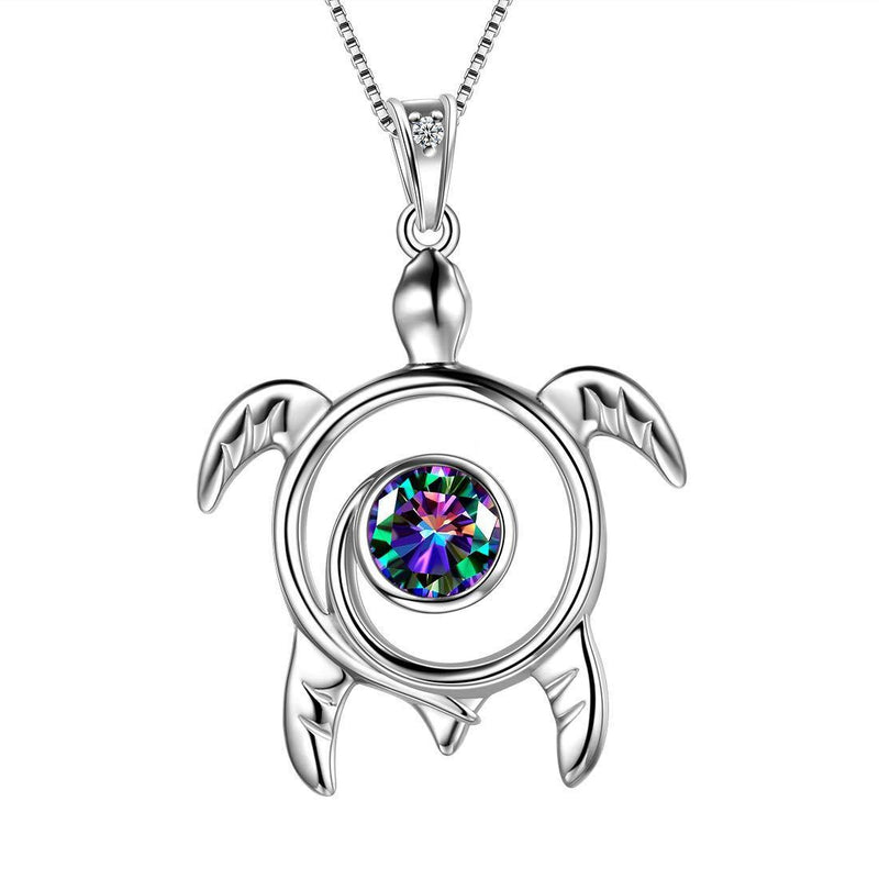 [Australia] - Aurora Tears Turtle Necklace 925 Sterling Sliver Animals Pendant Birthstone Jewellery Gifts with Cubic Zirconia for Women DP0172 Mystic Rainbow Topaz 