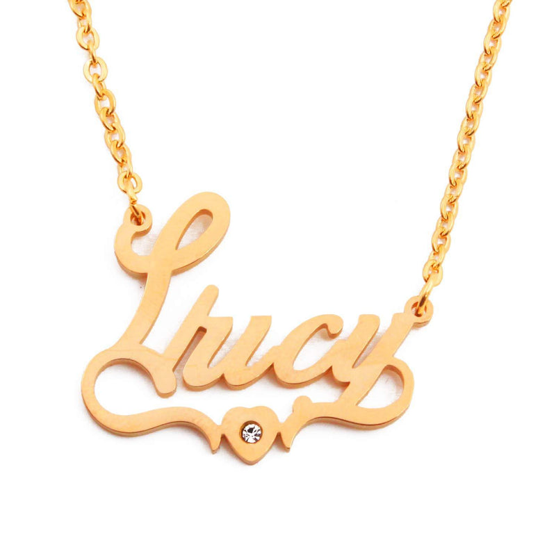 [Australia] - Kigu Lucy Name Necklace Heart Shaped Personalised Gold Plated, Custom Dainty Name Pendants, Jewellery for Ladies, Girlfriend, Mother, Sister, Friends Inc Bag & Box 
