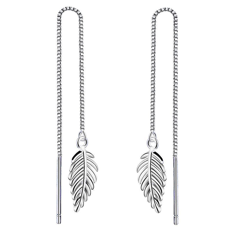 [Australia] - Yaneno 925 Sterling Silver Elegant Pretty Leaf Dangle Threader Pull Through Drop Earrings for Women White 