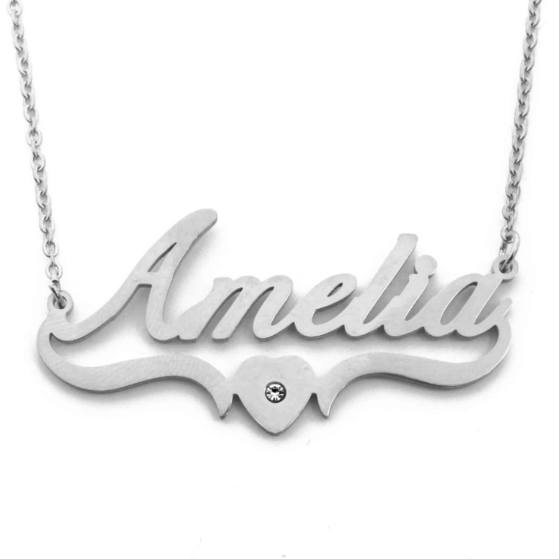 [Australia] - Kigu Amelia Personalised Heart Shaped Name Necklace - Adjustable Chain - Silver Tone - Incl Box & Bag 