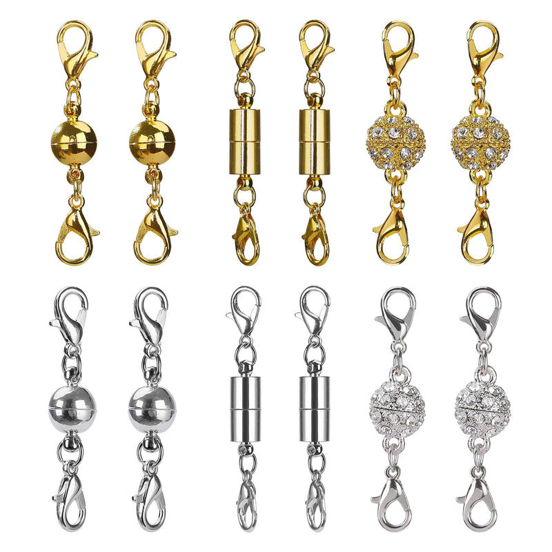 [Australia] - Magnetic Jewelry Clasps Magnetic Lobster Clasps for Necklace Bracelet Jewelry Making Rhinestone Ball Style, Cylindrical and Ball Tone (Gold and Silver) 12 Pieces 