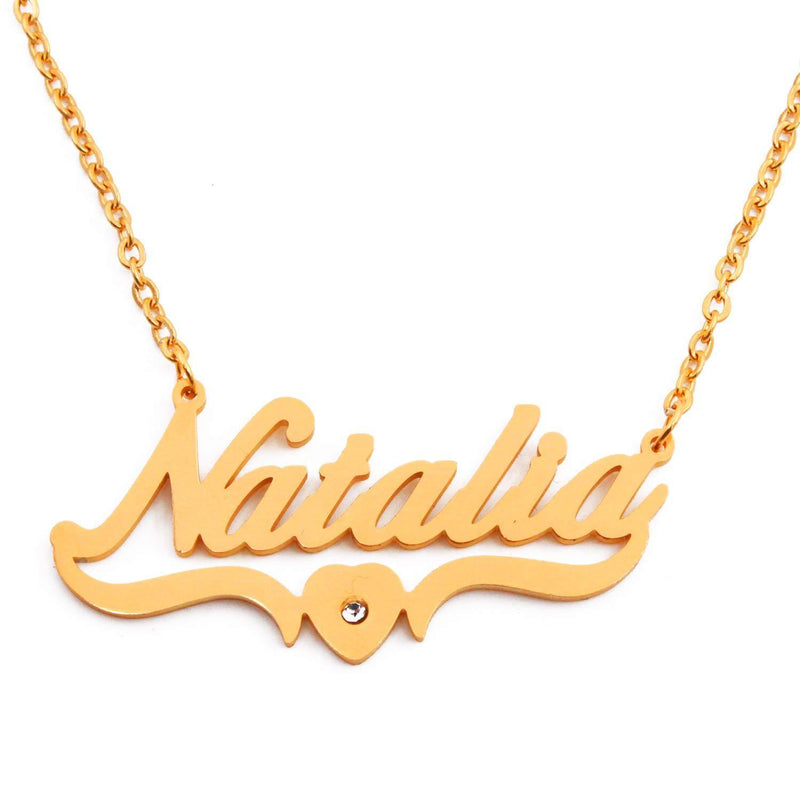 [Australia] - Kigu Natalia Name Necklace Heart Shaped Personalised Gold Plated, Custom Dainty Name Pendants, Jewellery for Ladies, Girlfriend, Mother, Sister, Friends Inc Bag & Box 