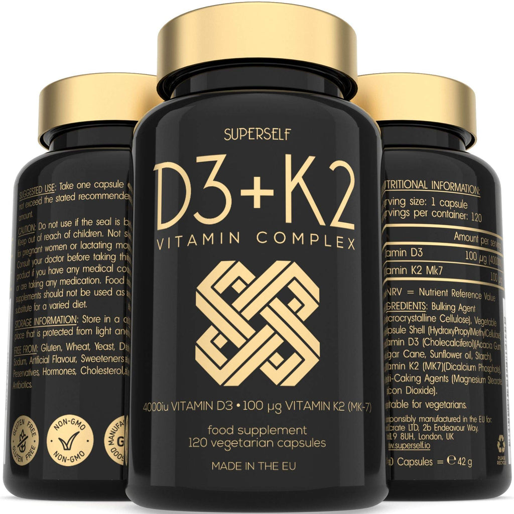 [Australia] - Vitamin D3 K2 Capsules - High Strength Vitamin D Tablets - 4000 IU Vitamin D & 100mcg Vitamin K MK7-120 Capsules - UK Made & Vegetarian - VIT D3 K2 Supplement for Strong Bones, Teeth, Immune System 