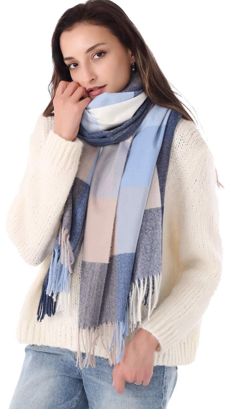 [Australia] - DiaryLook Plaid Warm Blanket Scarf for Winter, Long Ladies Scarves Check Soft, Wool Tartan Shawl Wraps for Women A-001 light Blue Grey One Size 