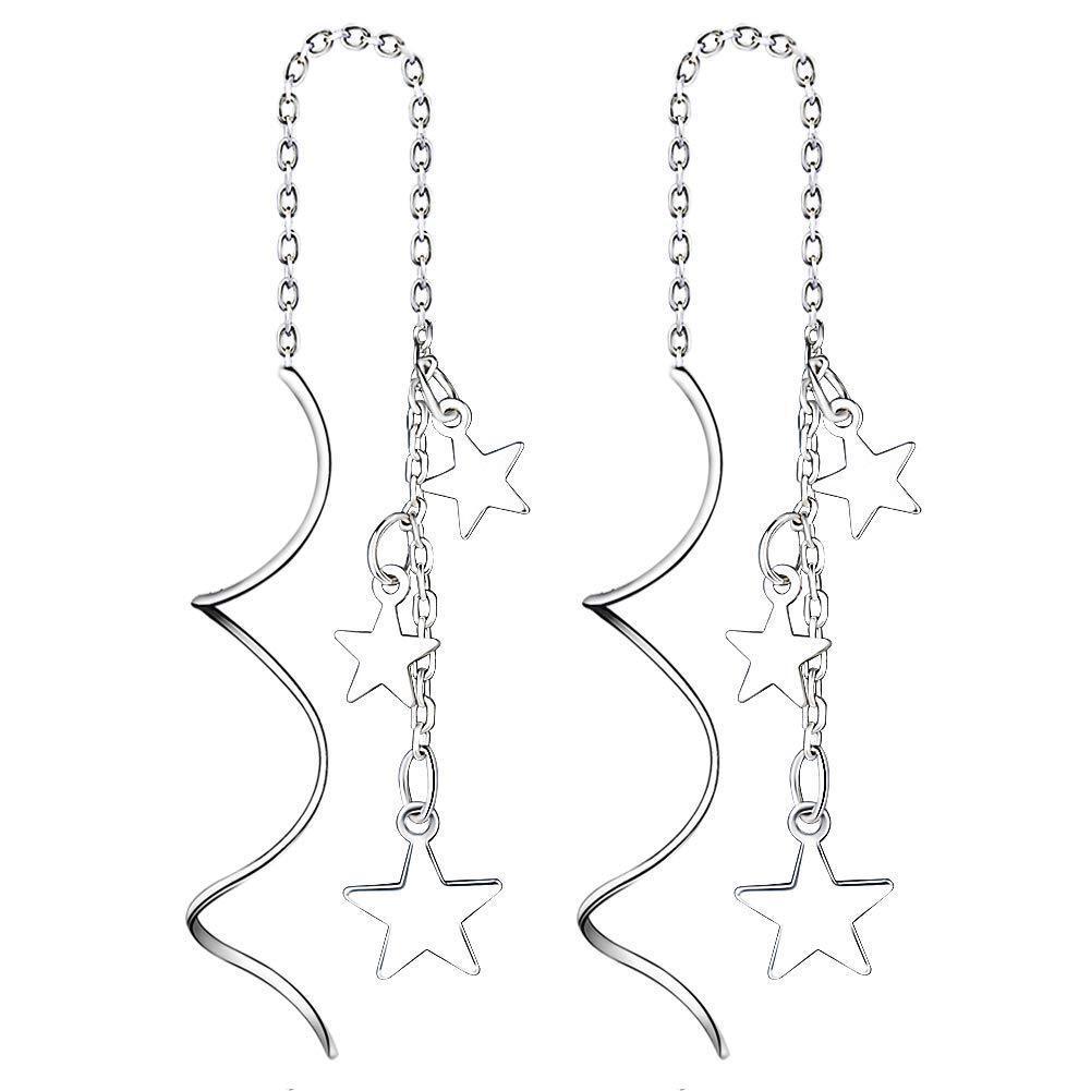 [Australia] - Yaneno 925 Sterling Silver Sweet Little Mini Star Shape Earrings Needle Drop Threader Pull Through Tassel Dangle Curve Twist Pretty Earrings for Women's Gift White 