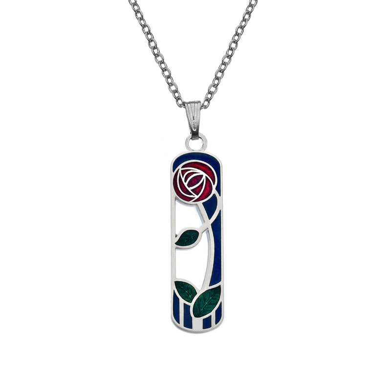 [Australia] - Rennie Mackintosh Inspired Enamelled Rectangle 32mm Rose & Leaf Coil Necklace Pendant On 16 Inch Chain In Presentation Box Blue 