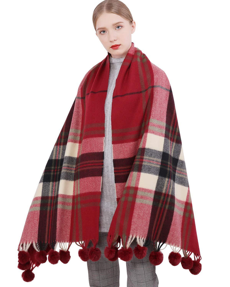 [Australia] - RIIQIICHY Plaid Scarf Pashmina Shawl Wrap for Women Long Large Winter Warm Thick Scarves With Fur Pompom Ball Burgundy 
