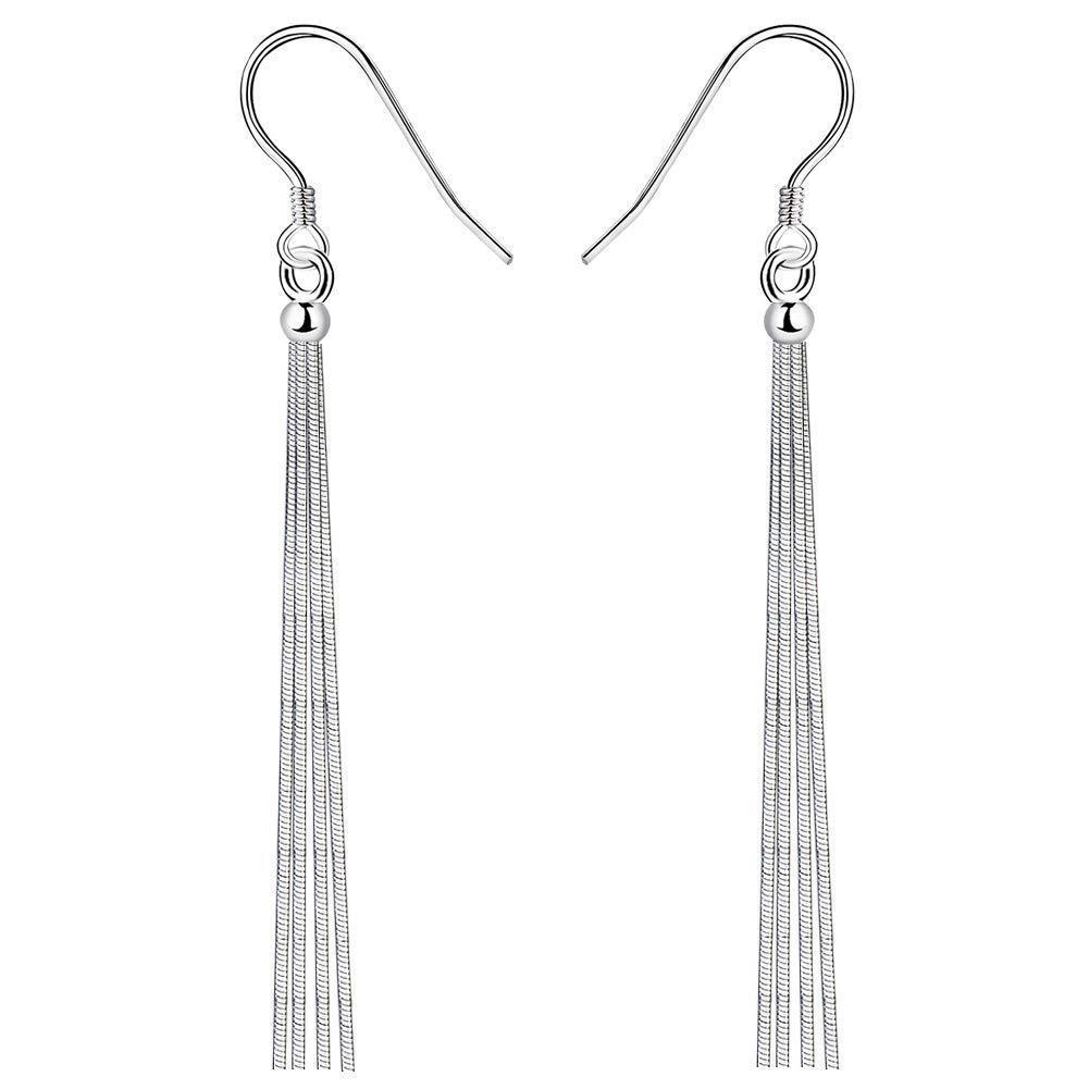 [Australia] - Yaneno 925 Sterling Silver Pin Dangle Drop Bead Hook Earrings Long Tassel Threader Fashion Jewelry Earrings for Women Earrings Hypoallergenic Jewellery for Sensitive Ears White 