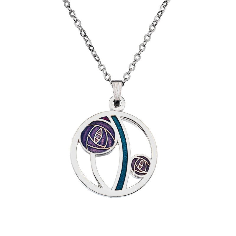 [Australia] - Rennie Mackintosh Inspired Round Enamelled 20mm Double Rose Necklace Pendant On 16 Inch Chain In Presentation Box Purple 