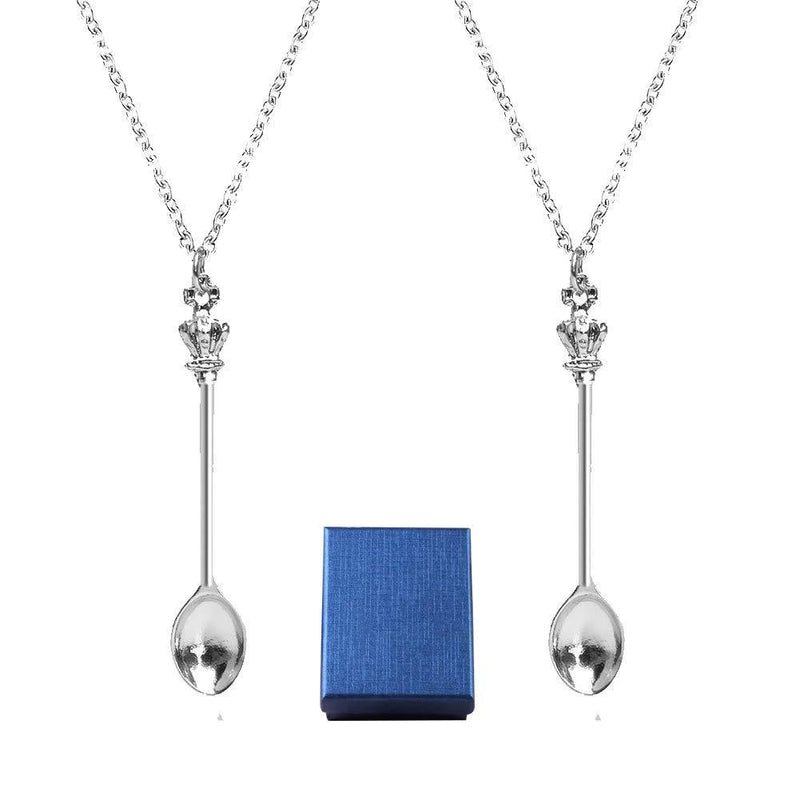 [Australia] - 2 PCS Spoon Necklace, Snuff Spoon Necklace Tea Spoon Necklace Pendant Spoon Chain Mini Silver Royal ibiza Spoon Necklace Charm Set Alice Festival Sniff Necklace with Jewelry Gift Box for Women Girls 