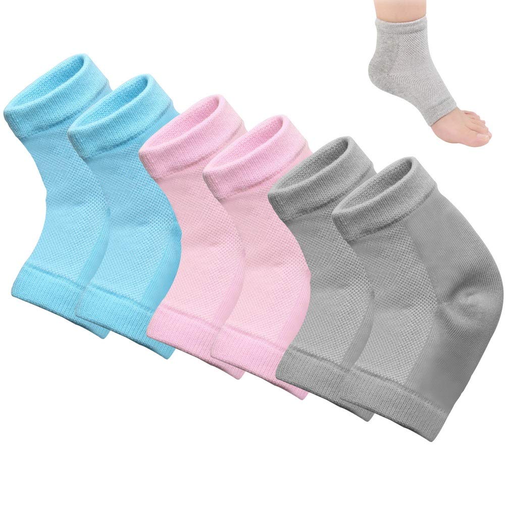 [Australia] - kuou 3 Pairs Gel Heel Socks, Soft Moisturizing Socks Gel Lining Infused with Essential Oils and Vitamins for Dry Hard Cracked Skin Moisturizing Day Night Care Skin (Gray Blue Pink) 