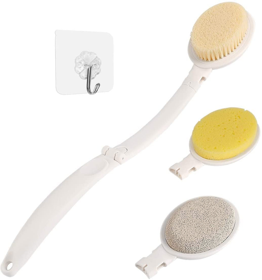 [Australia] - LFJ Bath Brush, 3 in 1 Foldable Long Handle Body Back Scrubber with Brush Sponge Pumice Head for Shower, Exfoliating or Dry Skin Brushing Nylon Bristle 