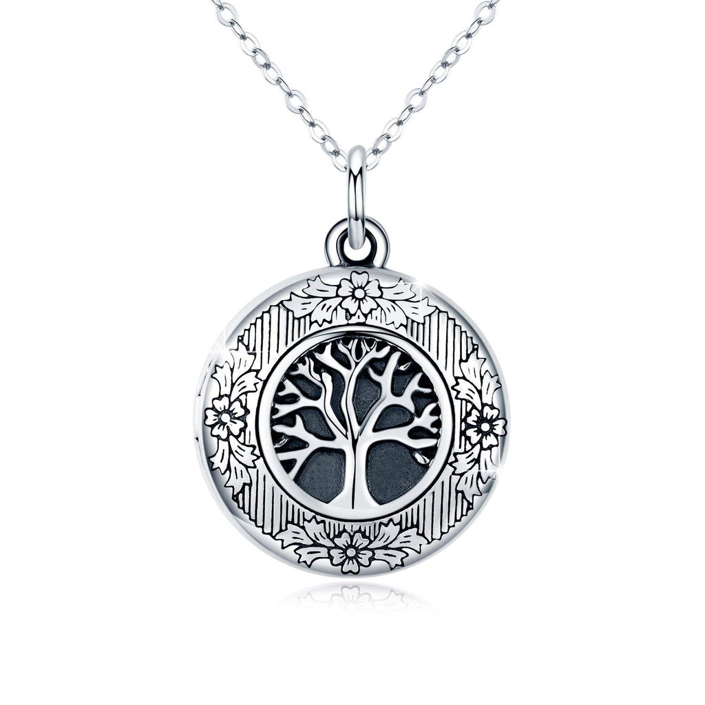 [Australia] - Tree of Life Locket Necklace 925 Sterling Silver Round Shape Locket Necklace Vintage Oxidized Tree of Life photo Pendant Family Gifts for Mom Grandmother A-silver 