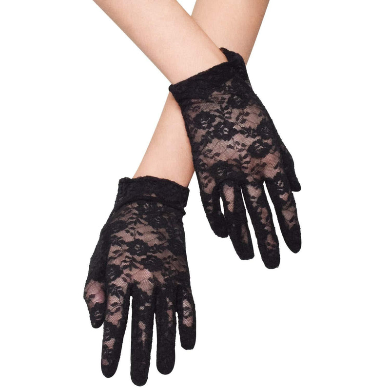 [Australia] - LassZone Brides White Vintage Mittens Black Elegant Hand-made Short Five-finger Ice Silk Lace Satin Gloves Soft Breathable Wedding Dress Jewelry for Dancing Parties Operas 