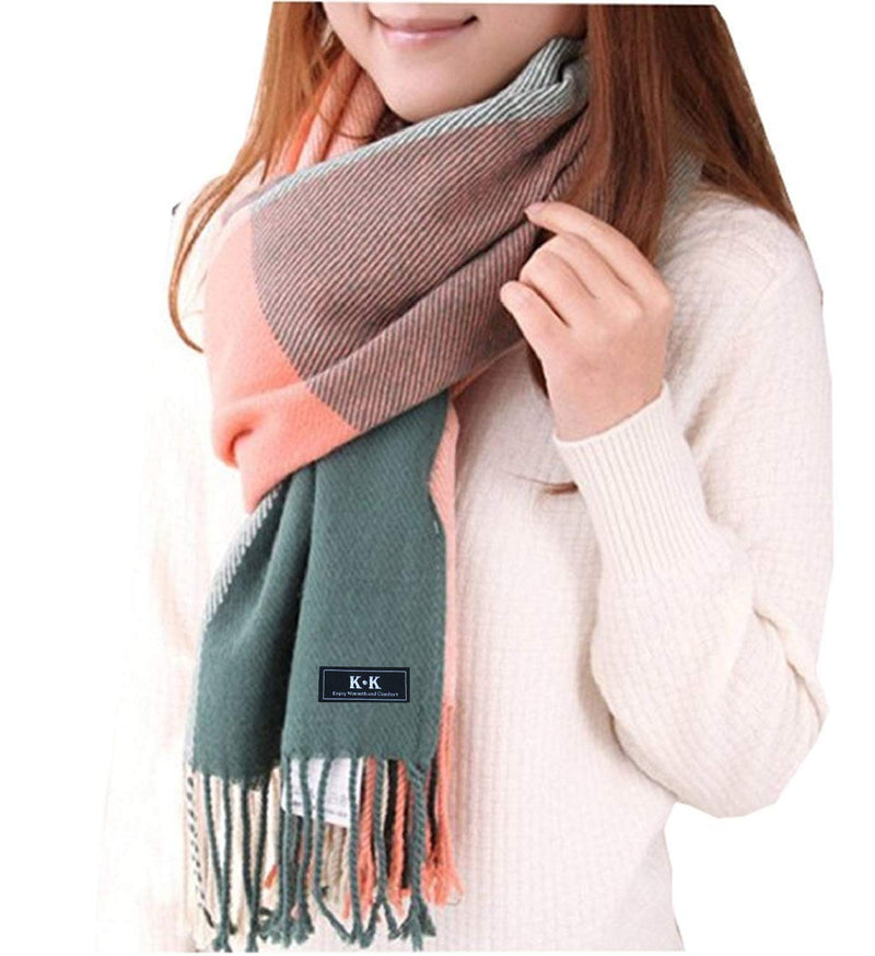 [Australia] - Winter Tartan Scarf - Women Long Plaid Scarves Warm Wool British Style Spinning Tassel Shawl Stole For Women Ladies Green + Pink Tartan 