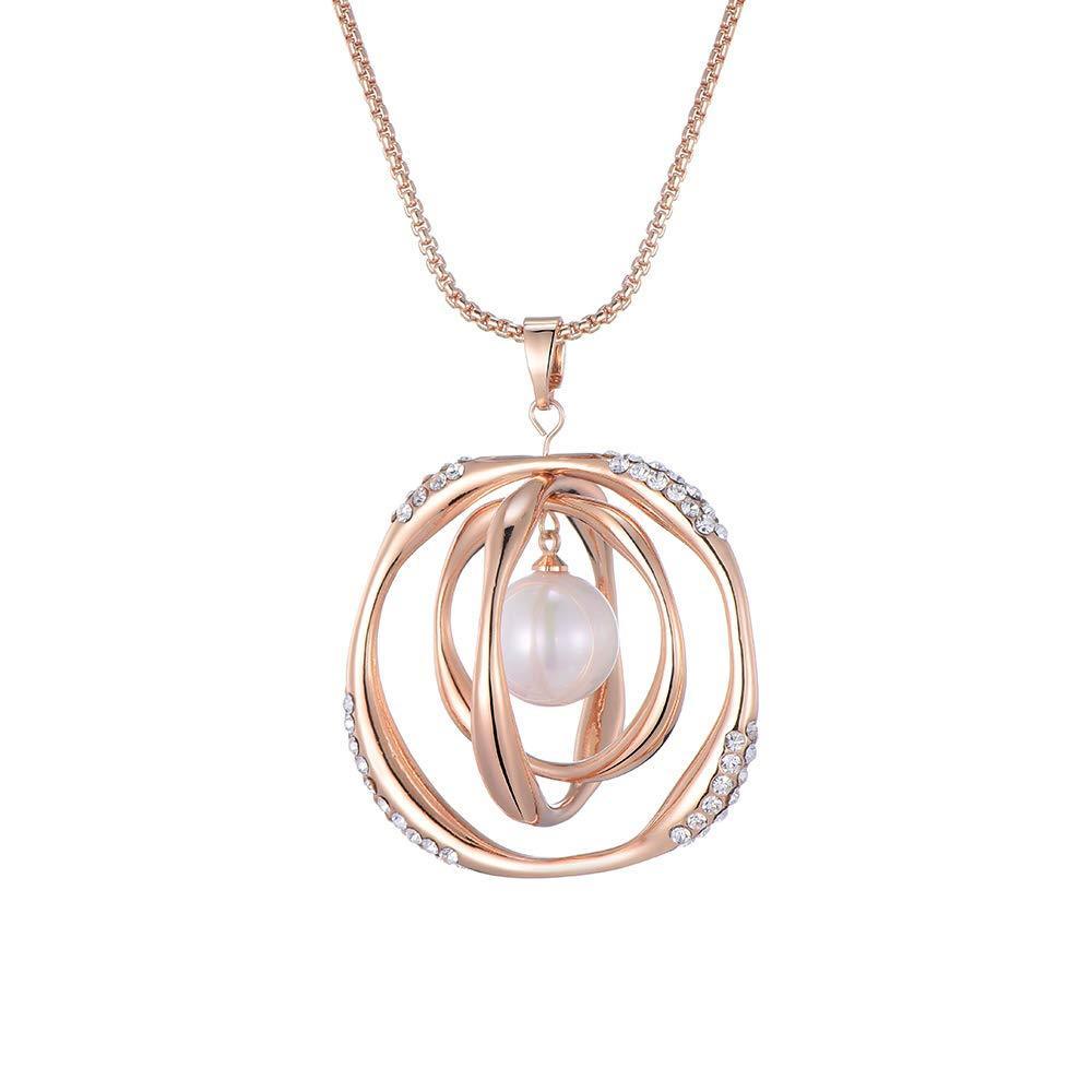 [Australia] - Ouran Rotatable Rings with Pearl Pendant Necklace for Women,Charm Rose Gold and Silver Plated Long Chain Necklace with Shining Crystal Best Jewelry Gift for Mother, Friends 
