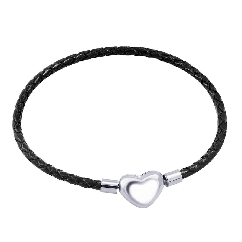 [Australia] - 555Jewelry Braided Black Leather Heart Charm Bracelet Bangle for Women & Girls Black / Silver 6.5 Inches 
