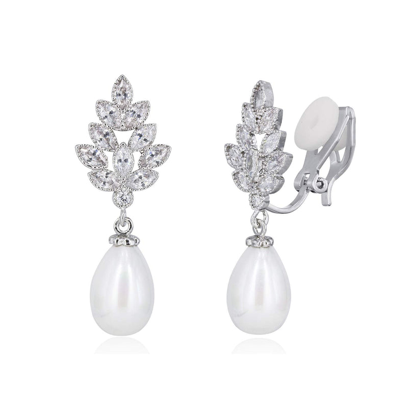 [Australia] - QUKE Women Silver Tone Cubic Zirconia Crystal Simulated Pearl Dangle Bridal Earring Lady Wedding Jewellery Clip on 