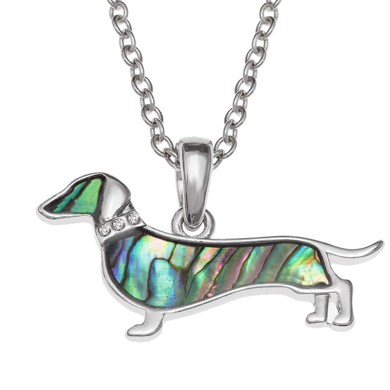 [Australia] - Kiara Jewellery Dachshund/Sausage Dog Pendant Necklace Inlaid With Greenish Paua Abalone Shell And Glass Stone Collar On 18" Trace Chain. 