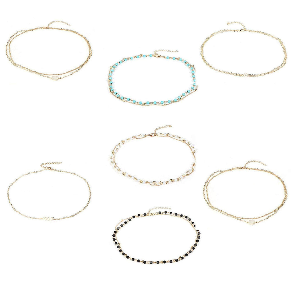 [Australia] - YADOCA 7 Pcs Layered Choker Necklace for Women Girls Heart Star Bead Necklace Gold-Plated Dainty Necklace Set 