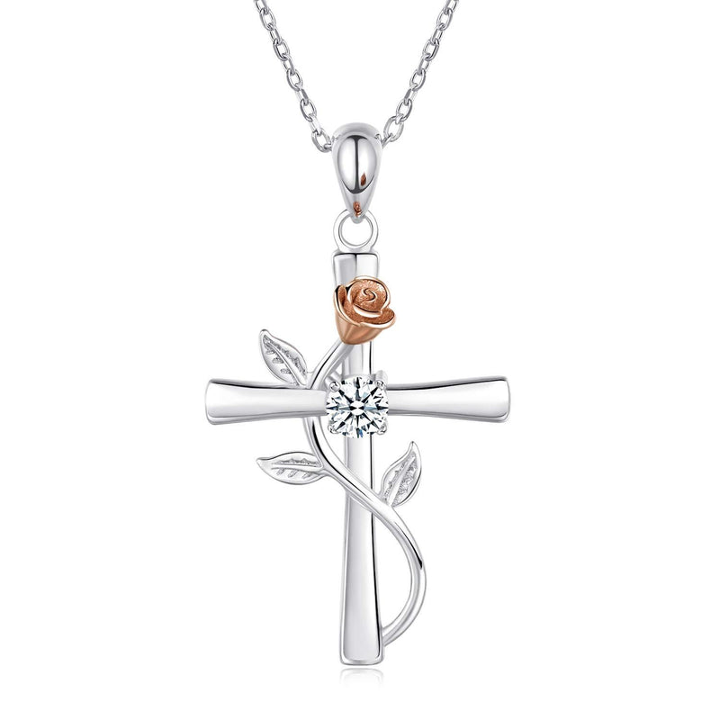 [Australia] - BlingGem Necklace for Women Cross Rose Pendant 925 Sterling Silver Round Cubic Zirconia Faith Hope Love Rose Flower Necklet Gift for Women A-silver 