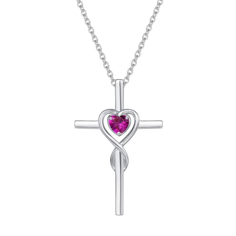 [Australia] - FANCIME 925 Sterling Silver Cross Infinity Heart Crucifix Pendant Necklace with Created/Natural Gemstone Birthstone Fine Jewellery for Women Girls - Chain Length: 16 + 2 Inch 07 Jul - Created Ruby 