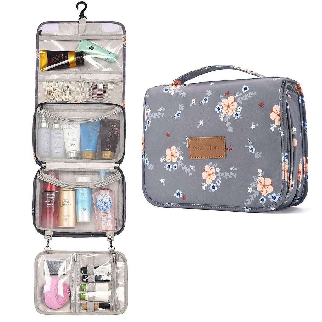 [Australia] - Toiletry Bag for Women, Large Hanging Travel Makeup Bag Water-Resistant for Toiletries/Cosmetics/Brushes - Gray Gray Flower 