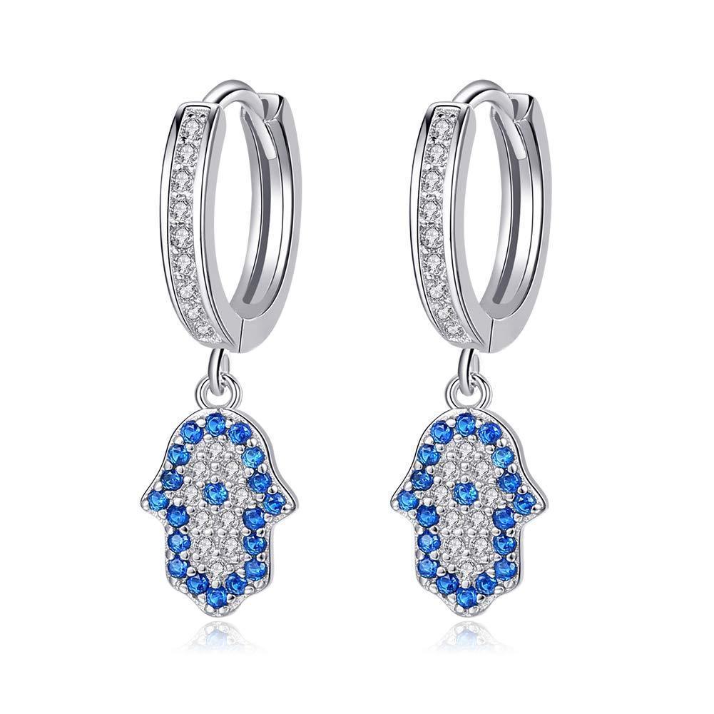 [Australia] - Blue Hamsa Hand Evil Eye Hoop Earrings for Protection Sterling Silver 925 Cubic Zirconia for Women 