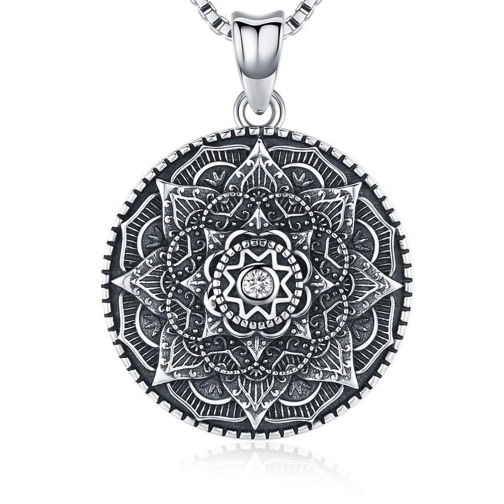 [Australia] - Sterling Silver Mandala Necklace,Flower of Life Pendant Necklace for Teen Girls Gift for Women,3D Blooming Black Mandala Pendant Chain 18",Vintage Viking Necklace Jewelry with Fine Gift Box 