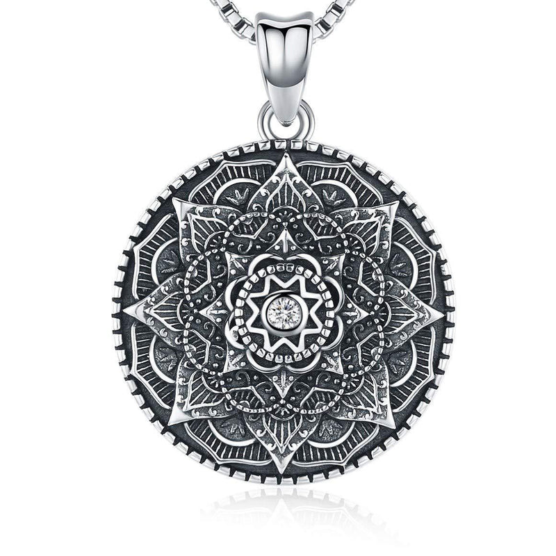 [Australia] - Sterling Silver Mandala Necklace,Flower of Life Pendant Necklace for Teen Girls Gift for Women,3D Blooming Black Mandala Pendant Chain 18",Vintage Viking Necklace Jewelry with Fine Gift Box 