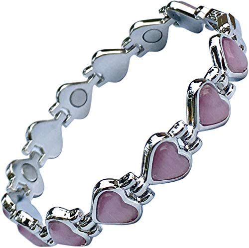 [Australia] - Magnetic Therapy Valentine Bracelet for Women - Pretty Pink Heart Links Semi - Precious Gemstones Fits Wrists up to 18 cm Fully Adjustable - Plus a Jewellery Gift Box 