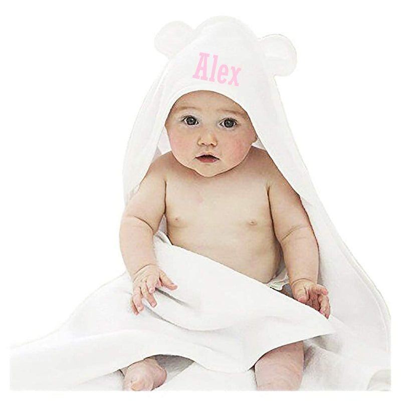 [Australia] - Personalised Baby Hooded Towel Newborn - White Newborn Baby Towel with Teddy Ears by Hoolaroo | Newborn Baby Gift Towels with Hood Large Soft New Baby Gift Girl Boy Pink or Blue Cotton 